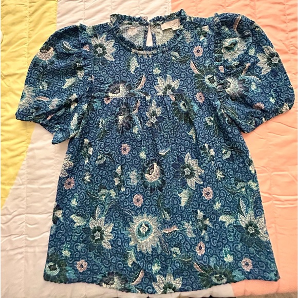 LOFT Dahlia Textured Ruffle Puff Sleeve Top Size Small Blue - Picture 2 of 7